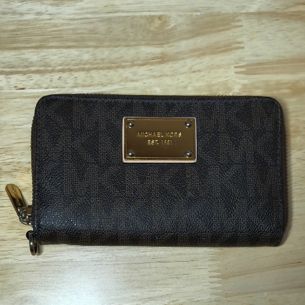 Michael Kors Zip Around Dark Brown Wallet with Gold Details MK Logo